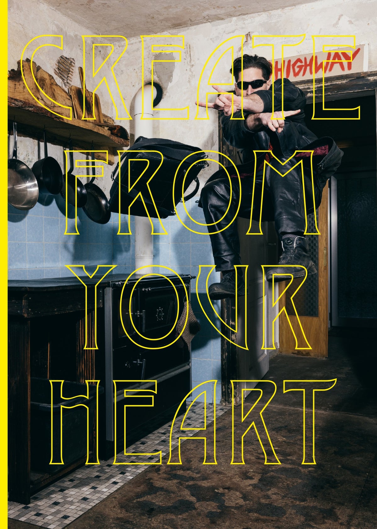 Cover von „Create from your Heart“ von HESSEDOGG: Der Künstler schwebt in einer Küche, darüber der Titel in gelber Outline-Schrift